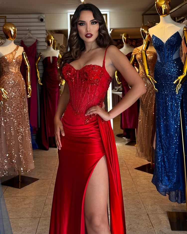 Gorgeous Spaghetti Straps Satin Prom Dress with Slit Sweetheart Lace Zipper Back Party Dress