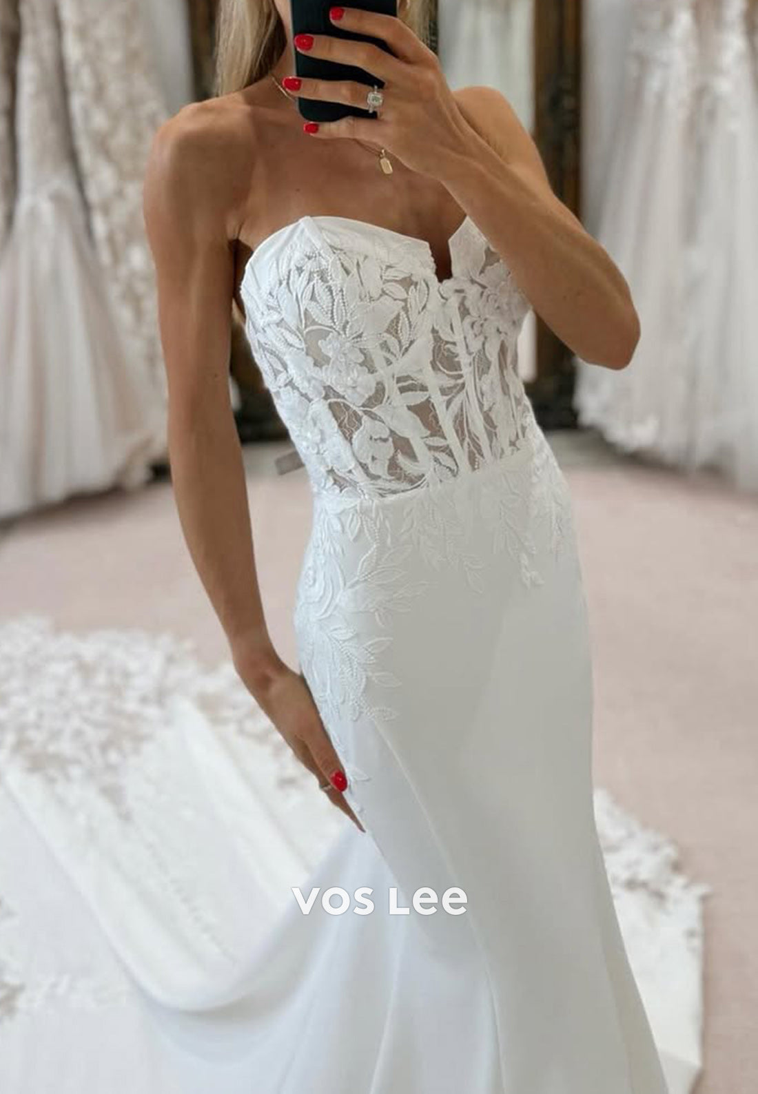 Strapless Sweetheart Appliques Lace Mermaid Wedding Dresses with Court Train