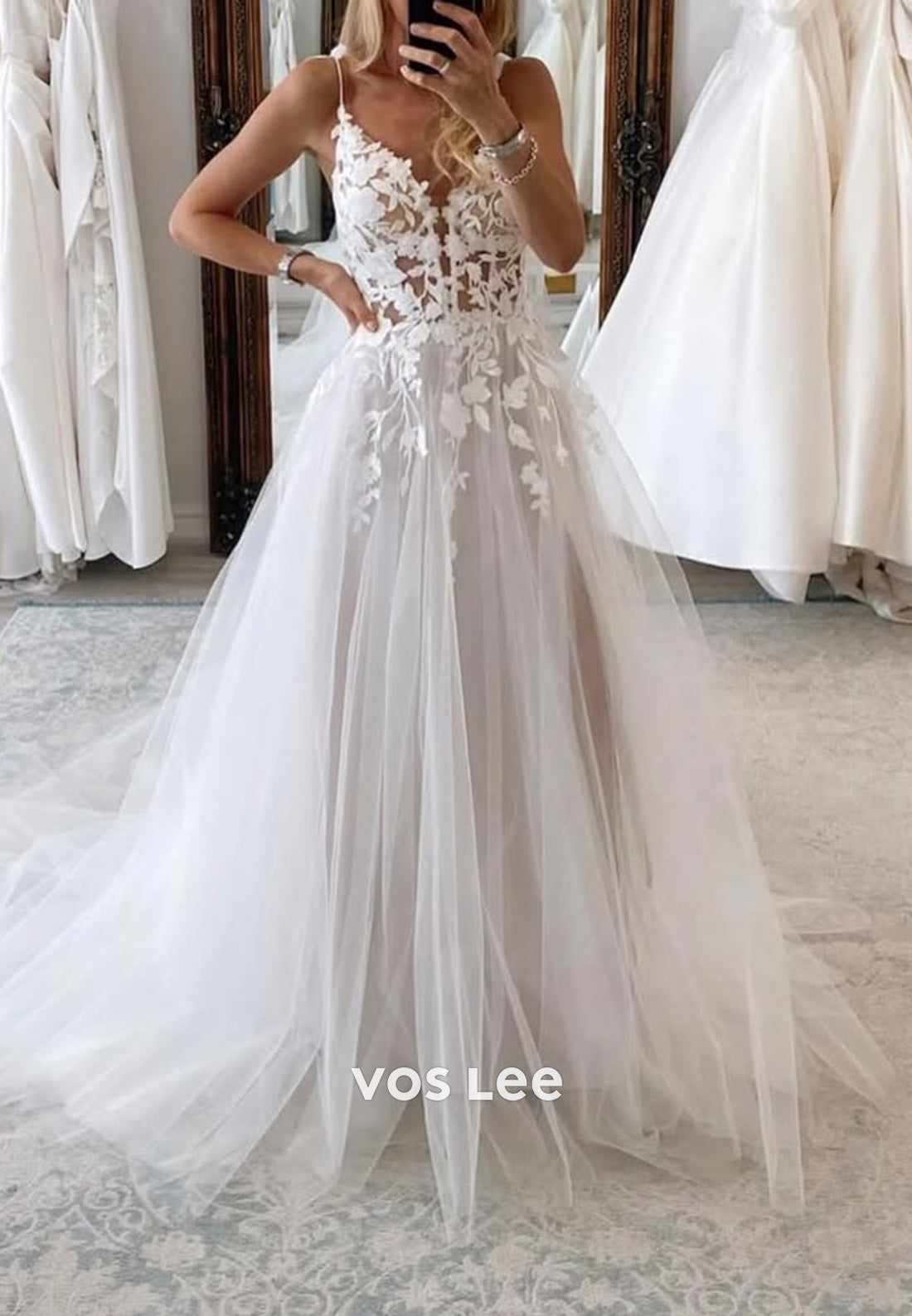 Spaghetti Straps Sweetheart Tulle A-Line Wedding Dresses with Sweep Train