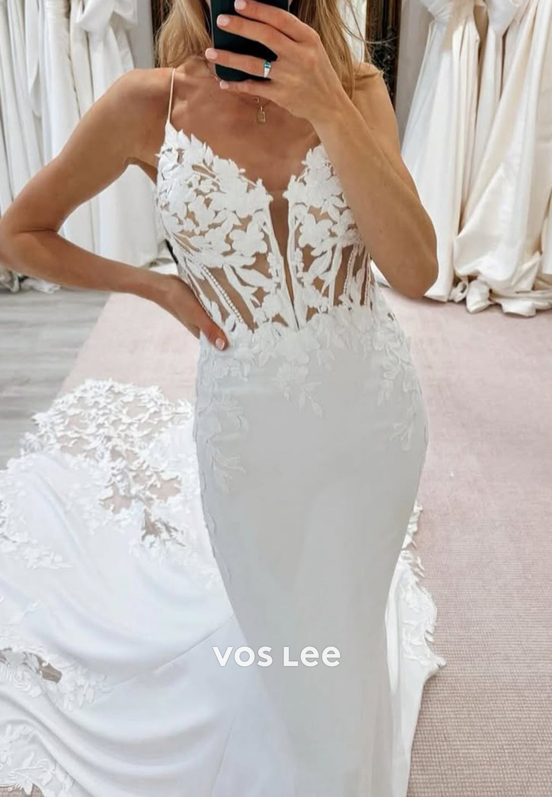 Spaghetti Straps Appliques Pearls Mermaid Wedding Dresses with Court Train