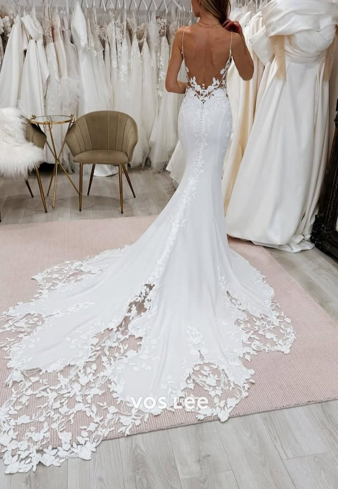 Spaghetti Straps Appliques Pearls Mermaid Wedding Dresses with Court Train