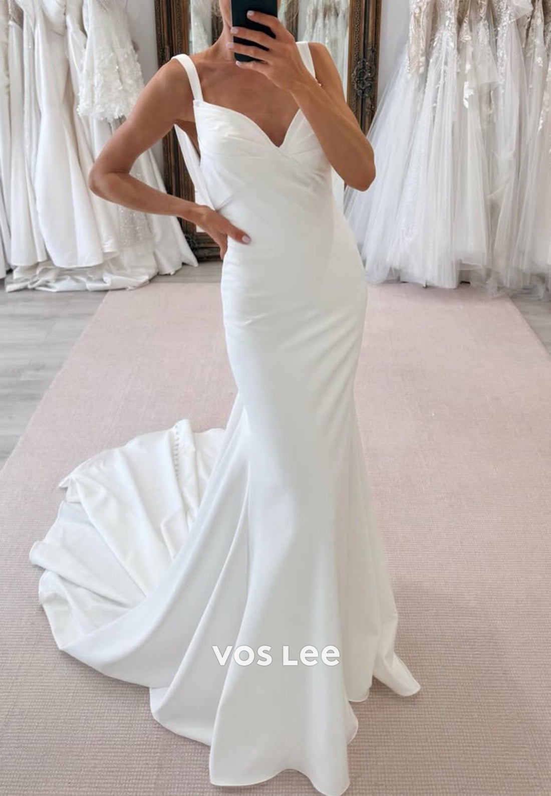 V Neck Spaghetti Straps Pleated Mermaid Wedding Dresses with Sweep Train
