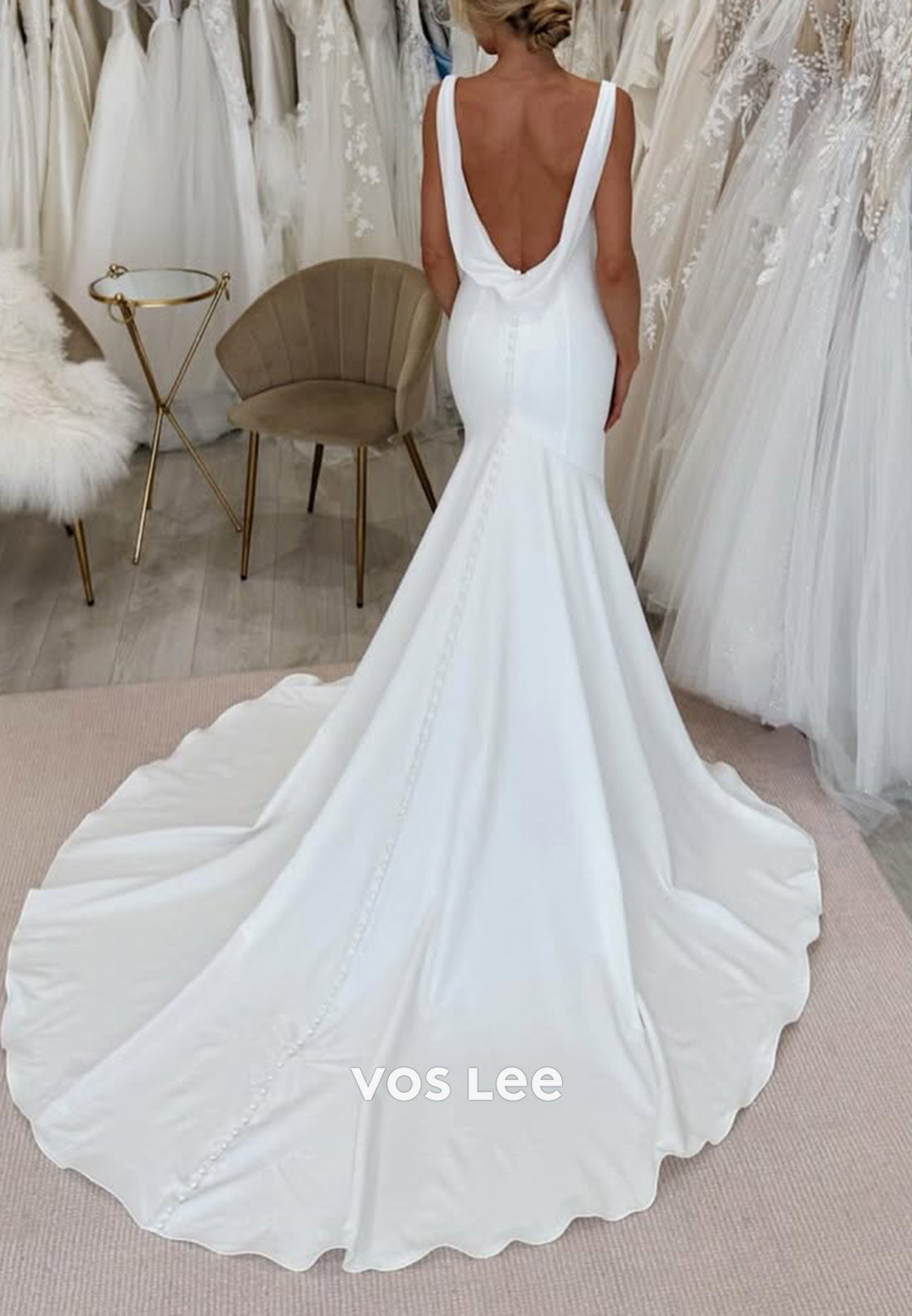 V Neck Spaghetti Straps Pleated Mermaid Wedding Dresses with Sweep Train