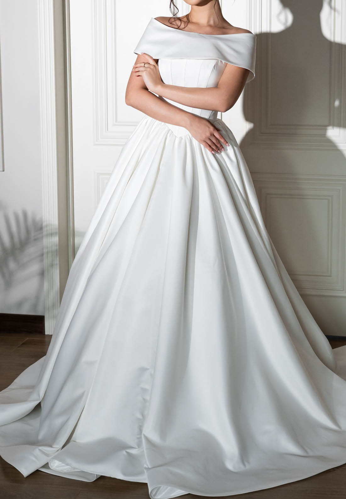 Off-Shoulder Empire-Waist Satin Wedding Dress