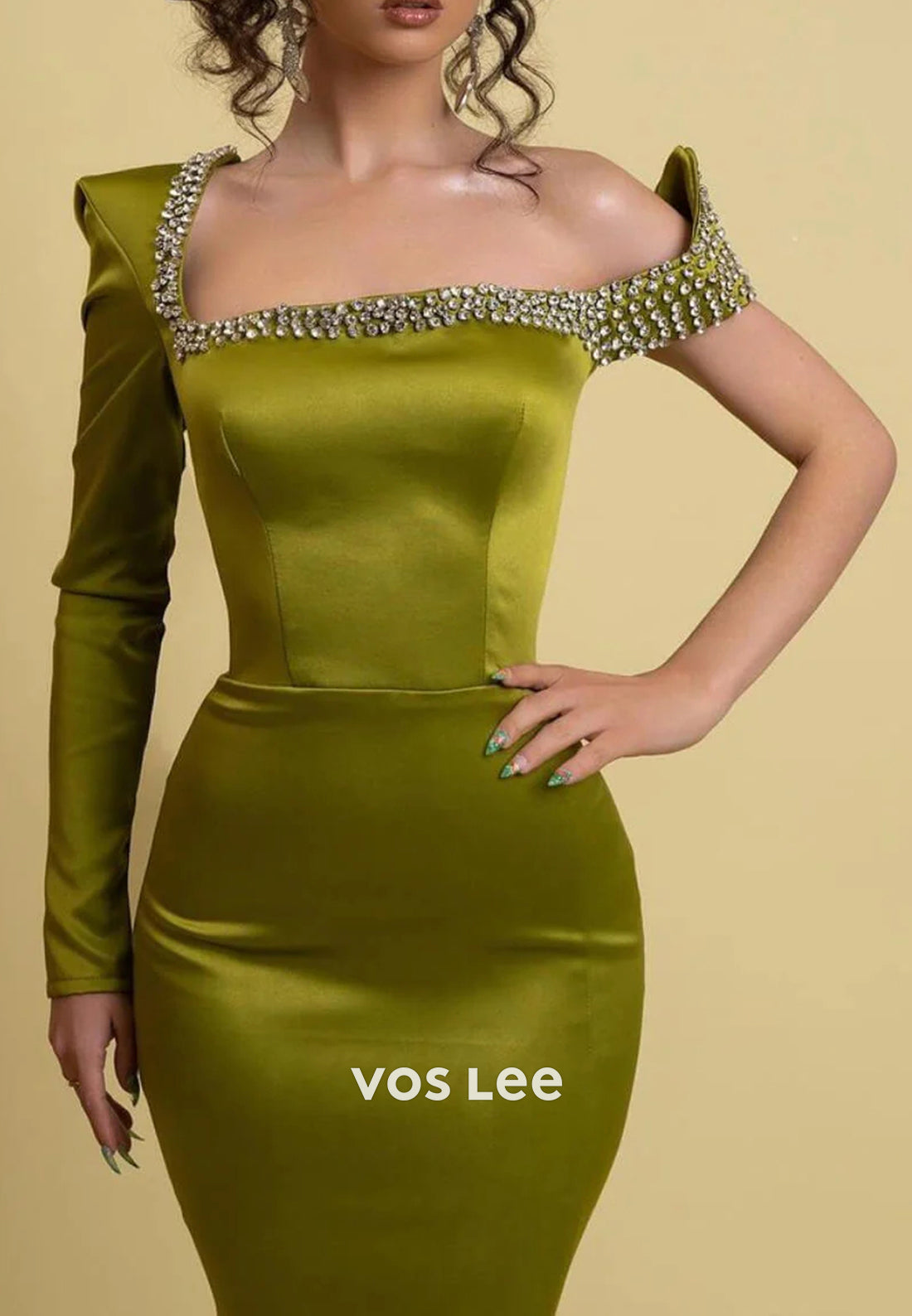 Long Sleeve Asymmetrical Neck Rhinestone Mermaid Evening Dresses with Sweep Train