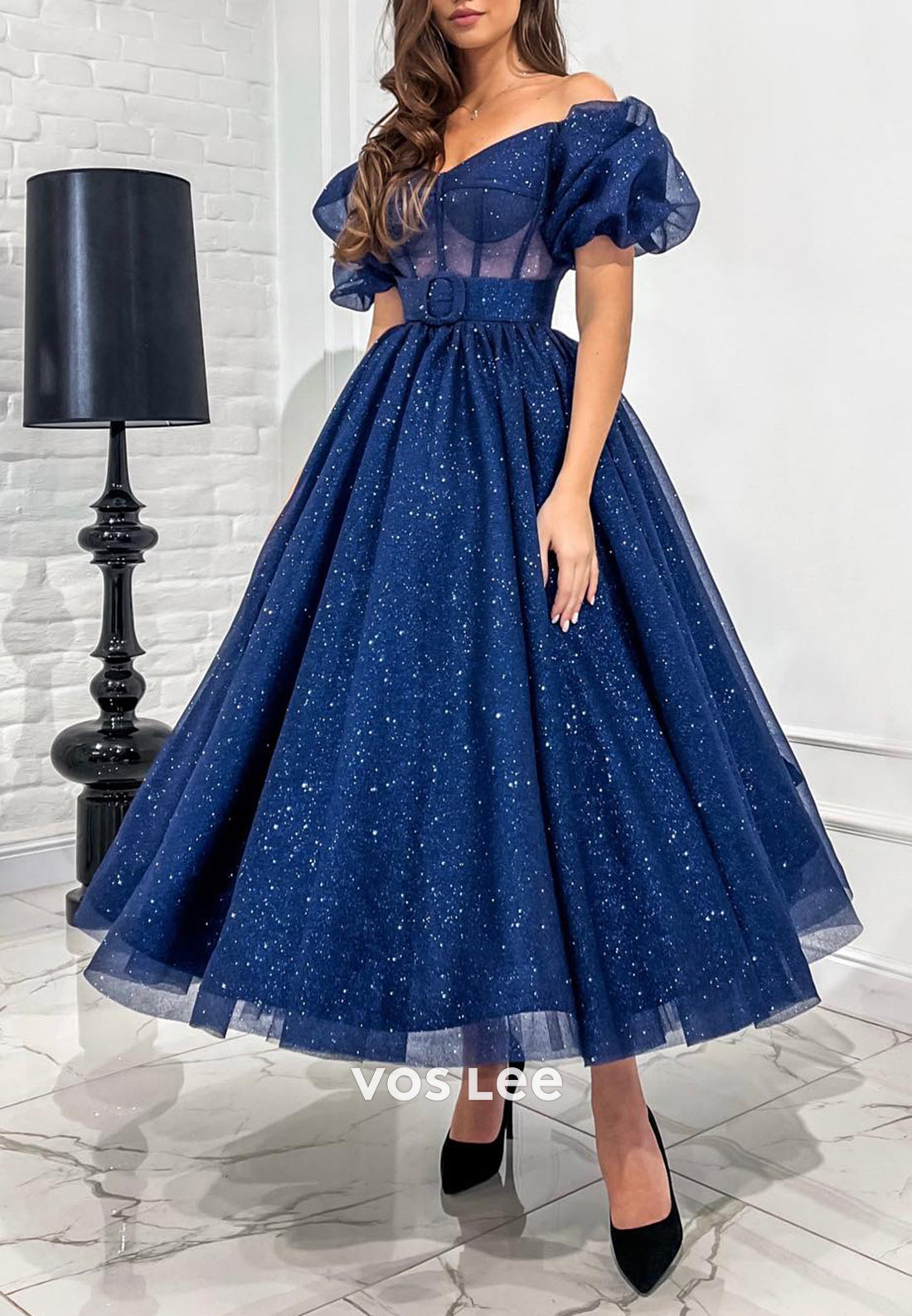 Sparkle & Shine A-Line Short Sleeve V Neck Ankle-Length Pleated Evening Dresses