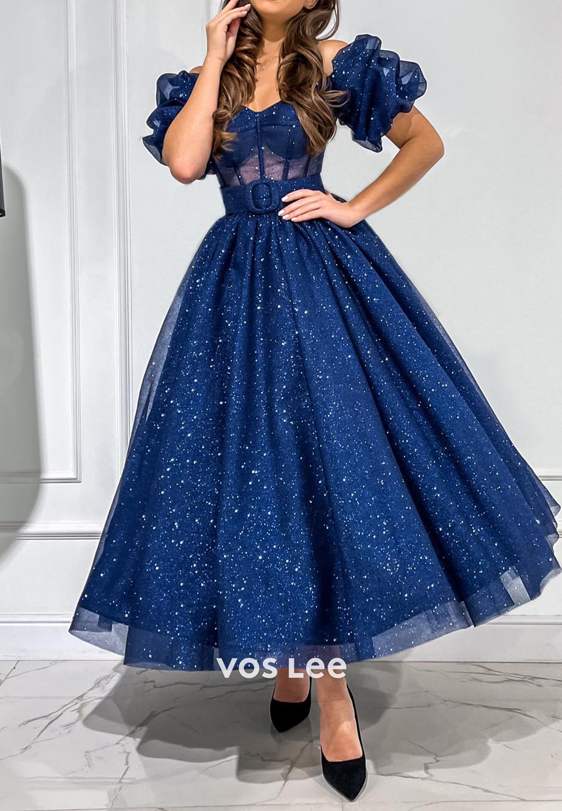 Sparkle & Shine A-Line Short Sleeve V Neck Ankle-Length Pleated Evening Dresses
