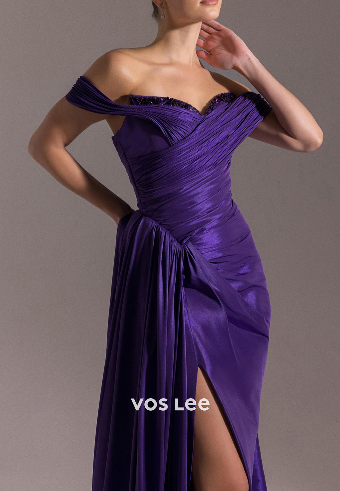 Off the Shoulder Sweetheart Pleated Beaded Sheath Evening Dresses with High Split
