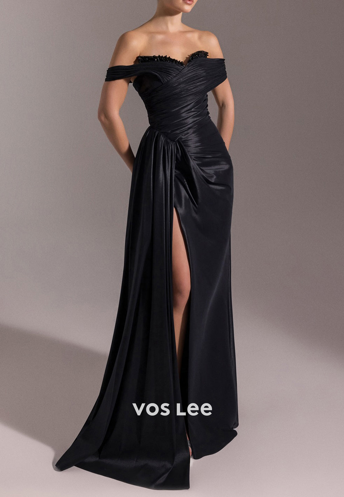Off the Shoulder Sweetheart Pleated Beaded Sheath Evening Dresses with High Split