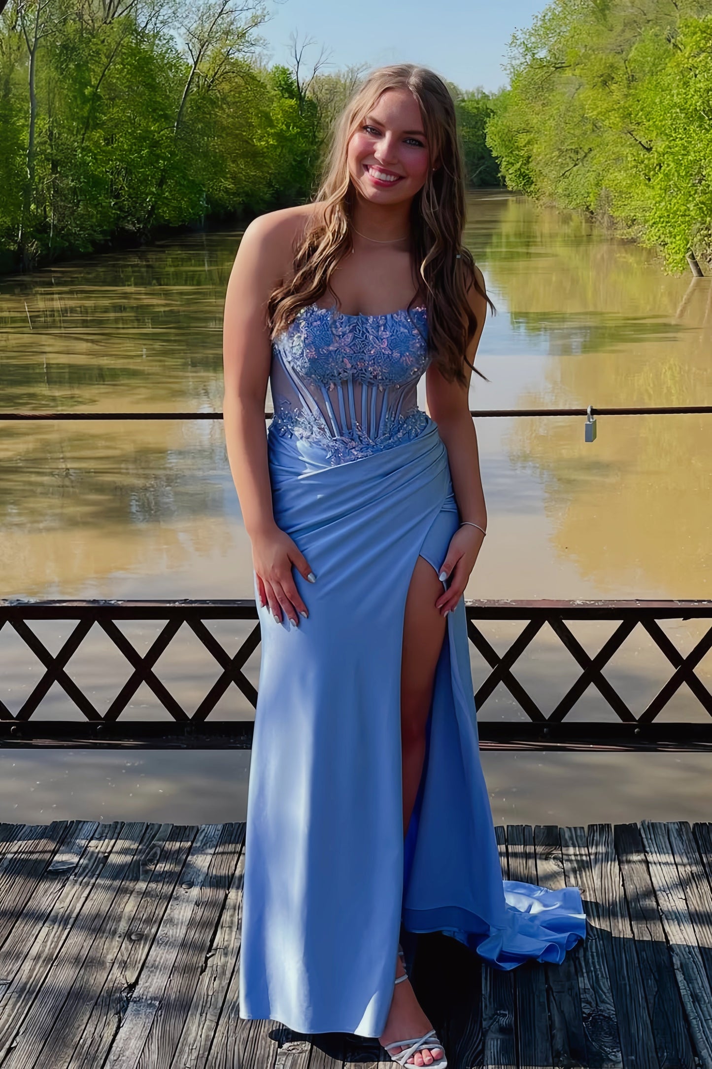 Strapless Red Sheet Appliques Fitted Long Prom Dress