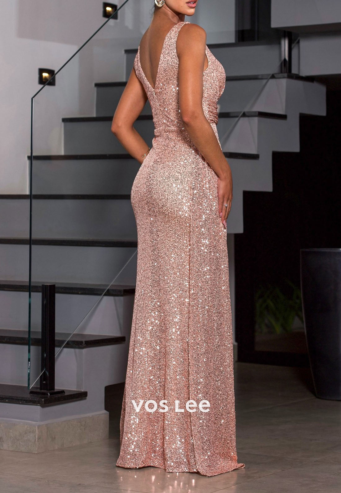Glitter Rose Pink Sequins Long Dress Pleat Split Prom Dress