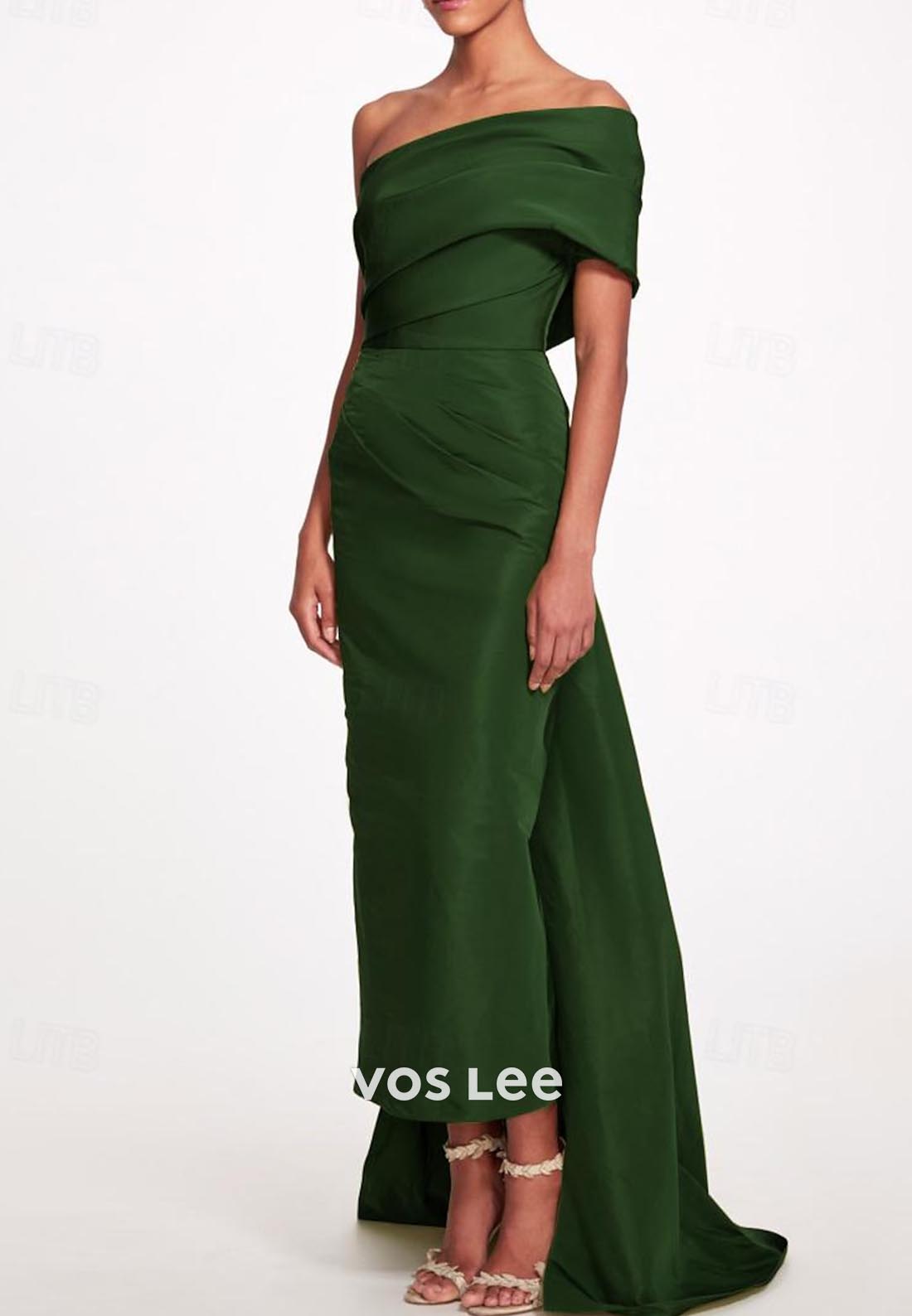 A-Line One Shoulder Pleated Long Evening Dress Formal Dress with Sweep Train