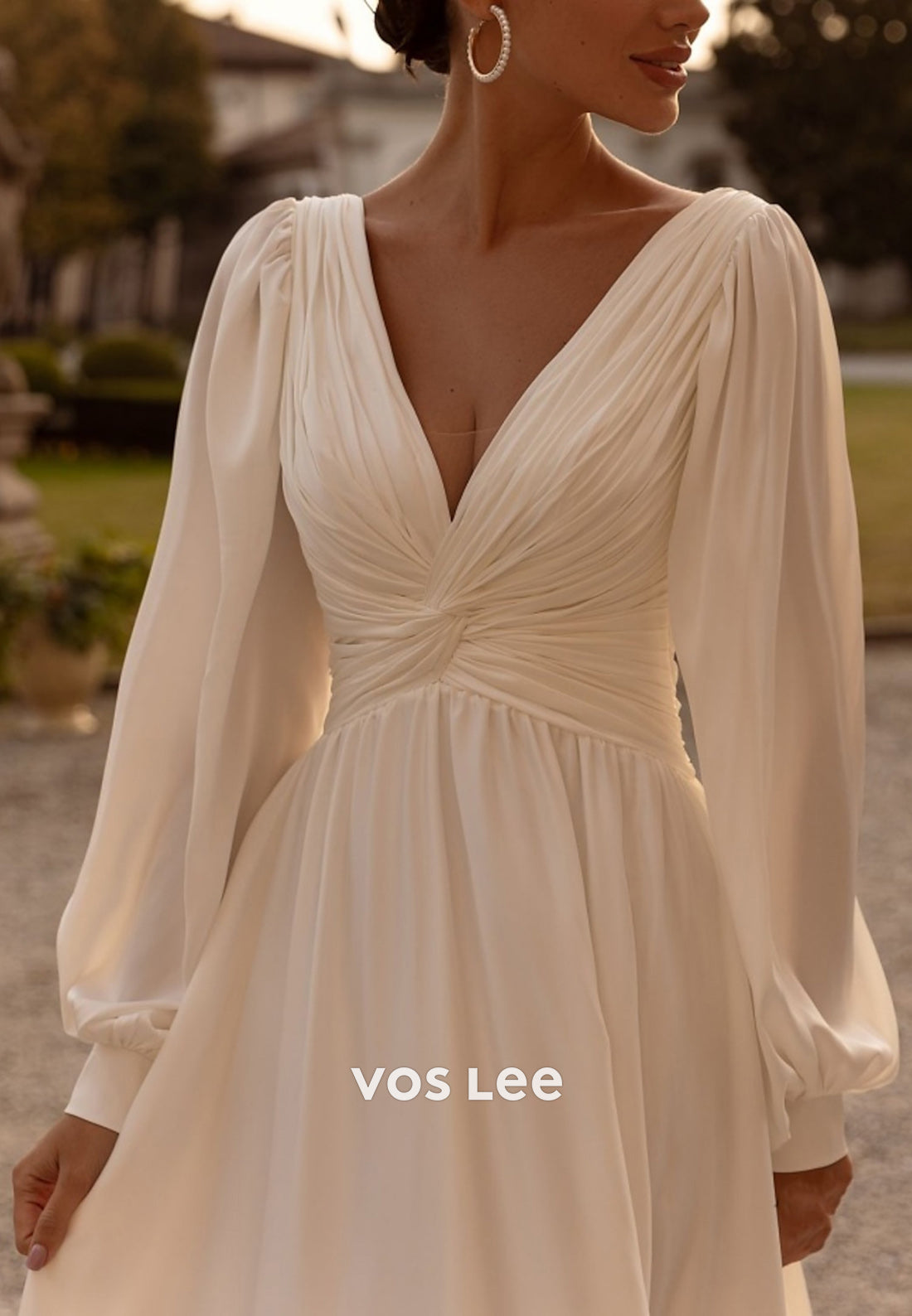 Sexy and Sleek A-Line Long Sleeve V Neck Pleated Wedding Dresses with Sweep Train