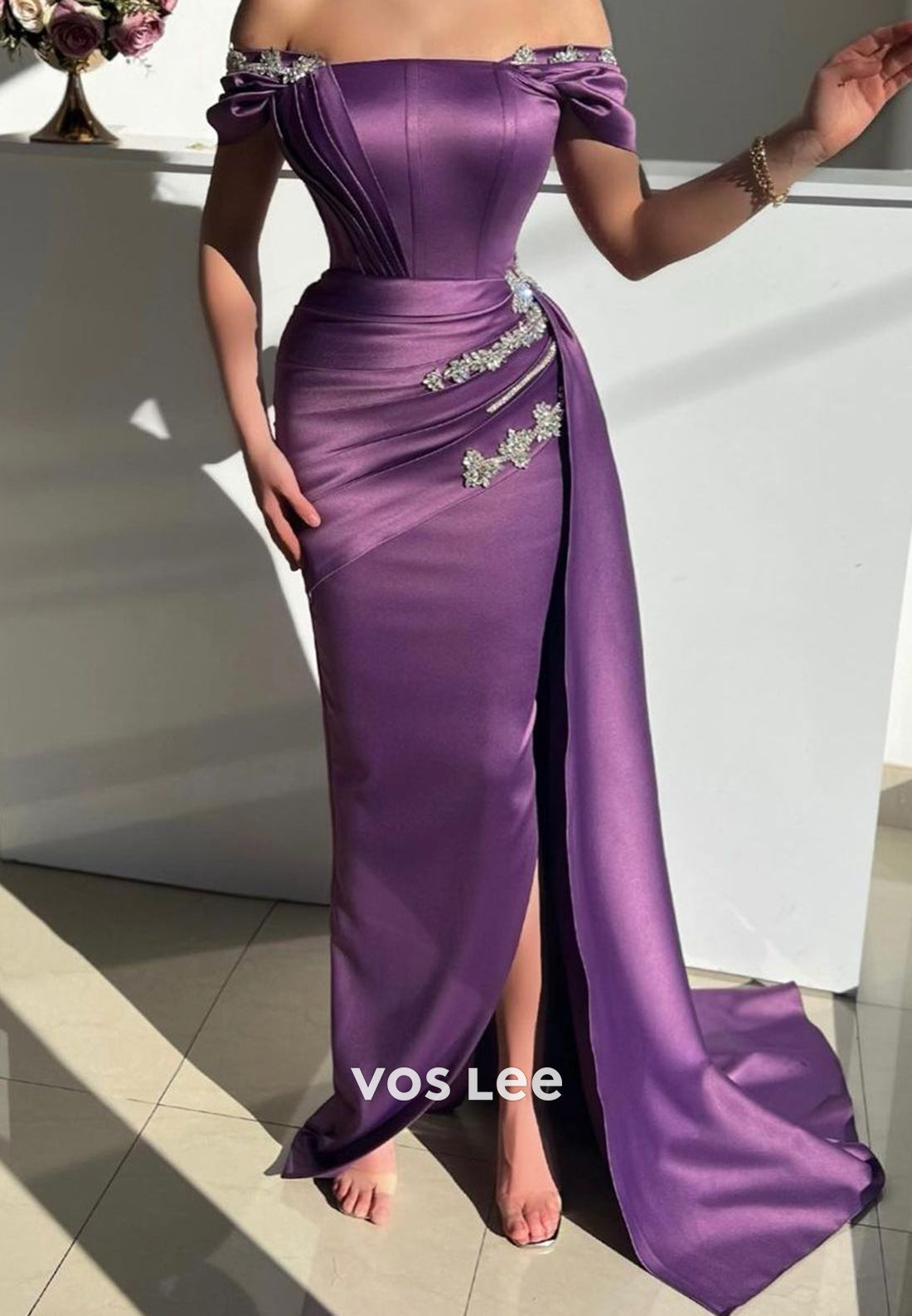 Simple Off the Shoulder Ruched Rhinestone Mermaid Evening Dresses with Sweep Train