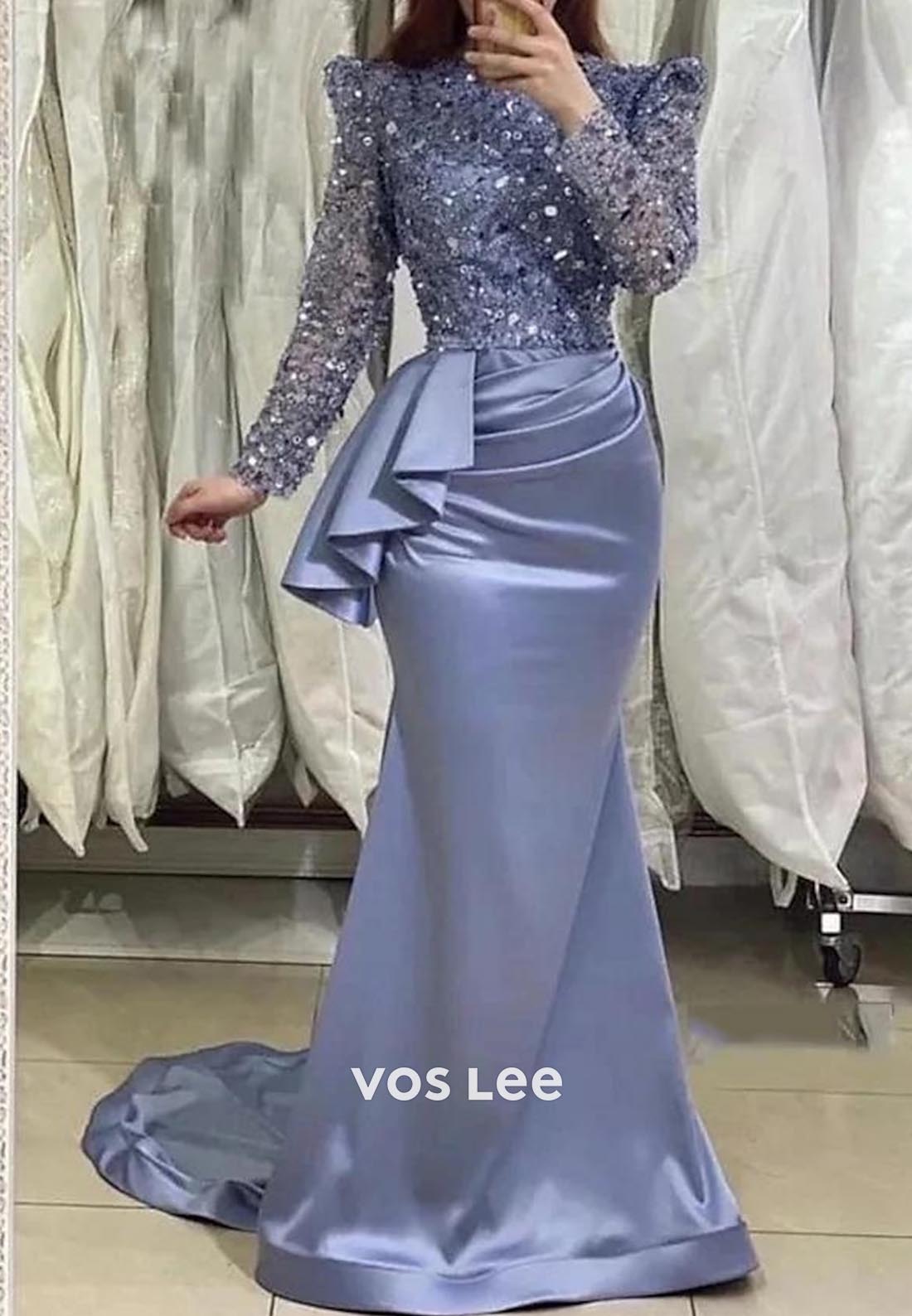 Classic & Timeless Long Sleeves Pleated Mermaid Simple Evening Dress with Train