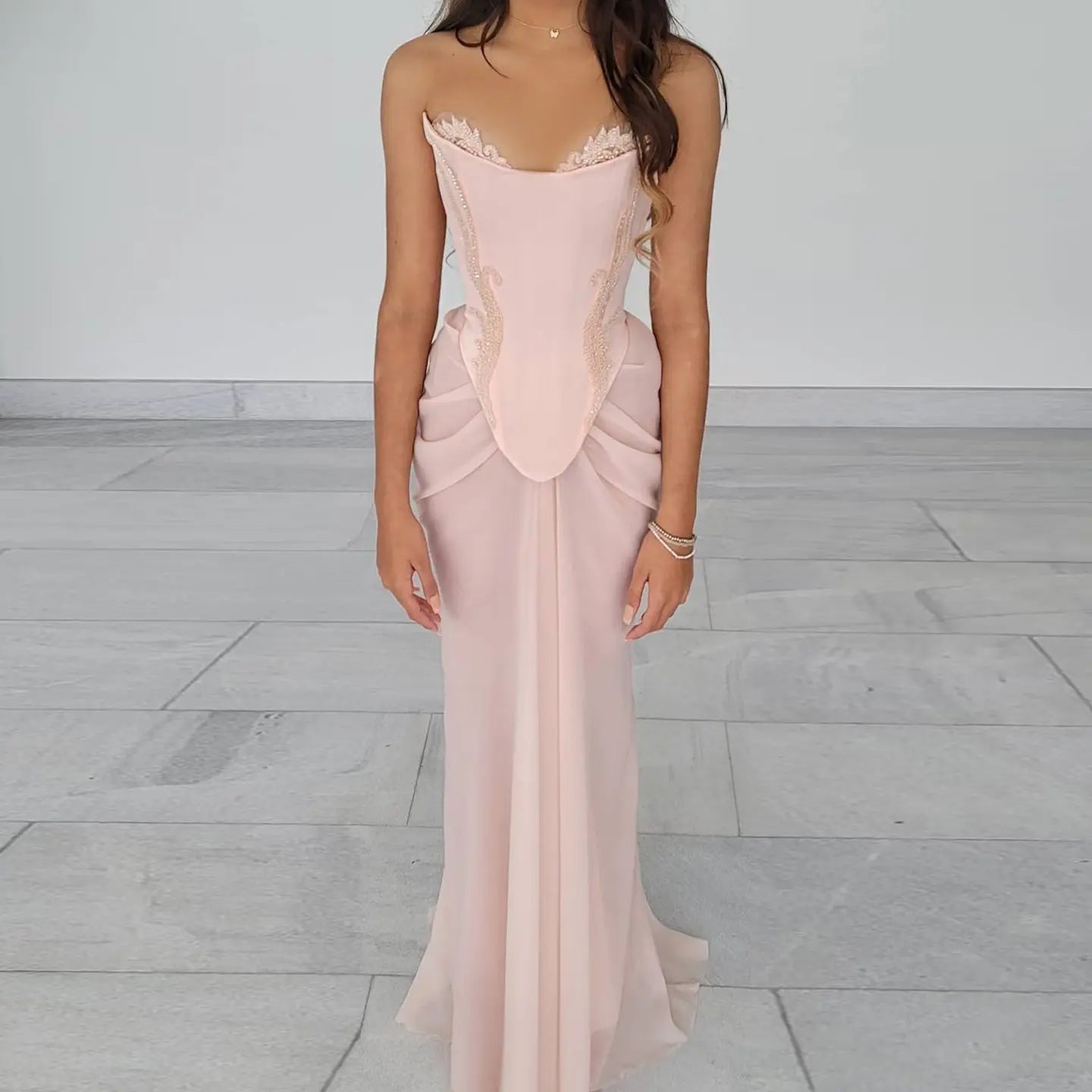 Pink Draped Strapless Chiffon Mermaid Evening Dress