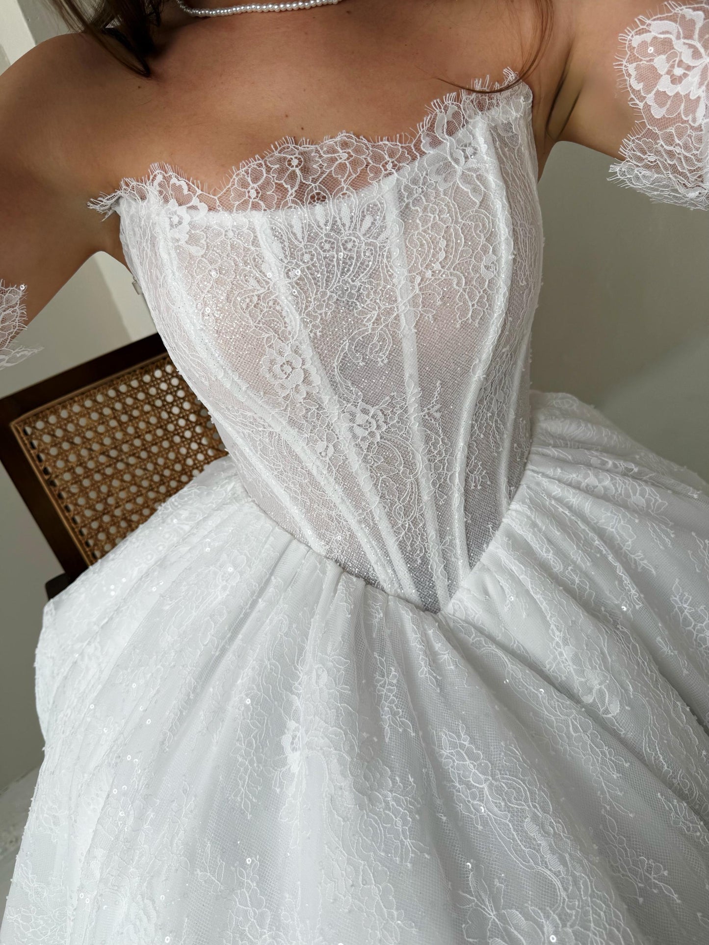 A-Line Beaded Off Shoulder Long Sleeves Lace Wedding Dress