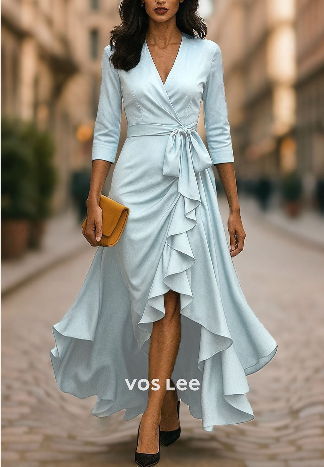 Black Half Sleeves V Neck Split Ruffles A Line Long Wedding Guest Dress