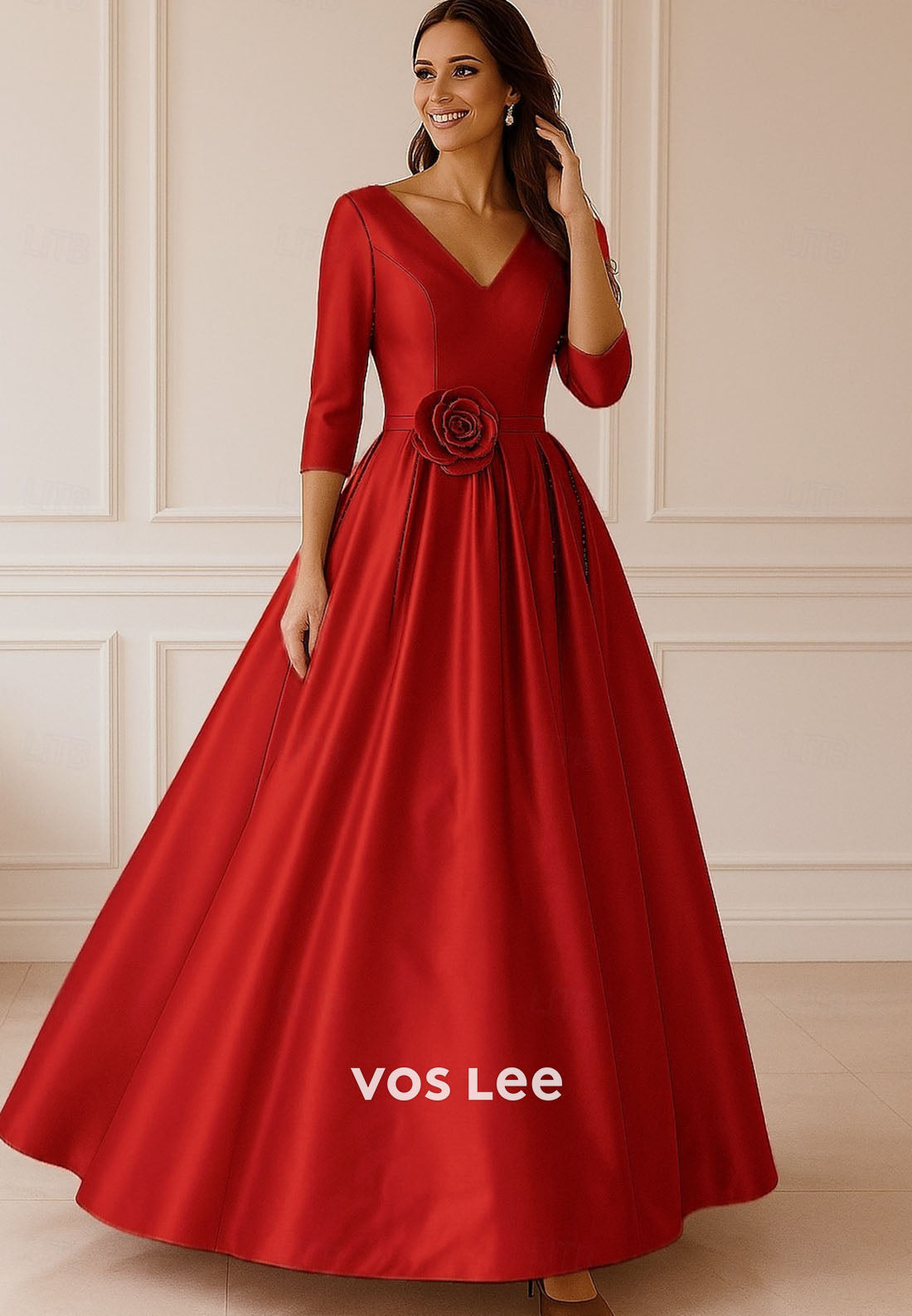 3_4 Length Sleeve V Neck A-Line Floor Length Evening Gown