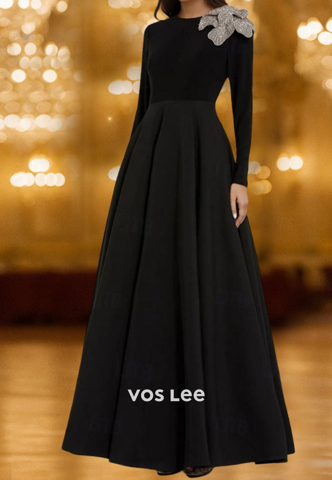 Elegant Black O- Neck A-Line Long Evening Gowns With Bead 3D Flowers