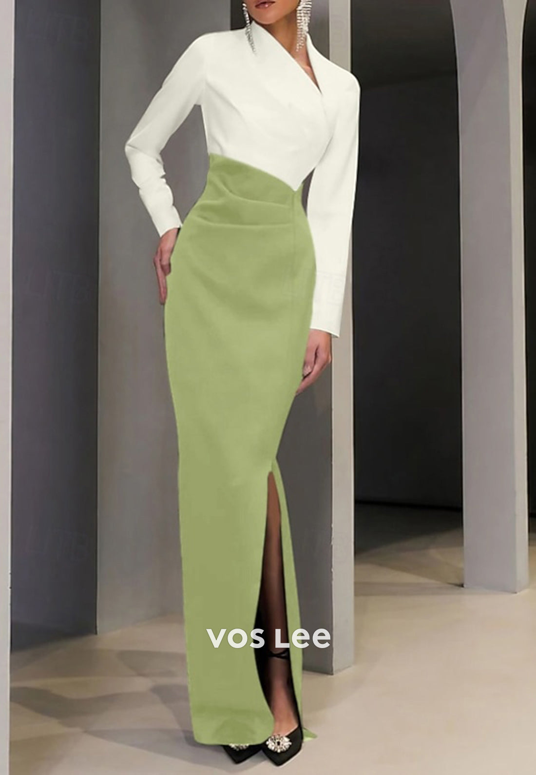 Asymmetrical Neck Long Sleeve Ruched Mermaid Evening Dresses with Side Split