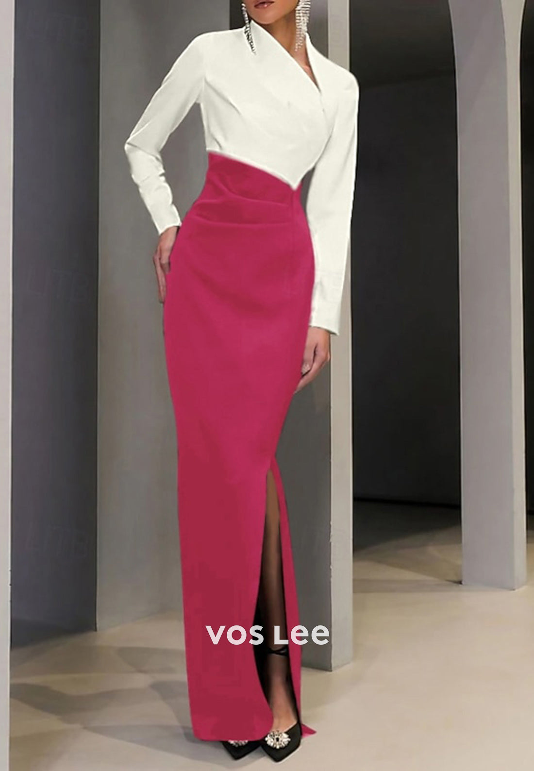 Asymmetrical Neck Long Sleeve Ruched Mermaid Evening Dresses with Side Split