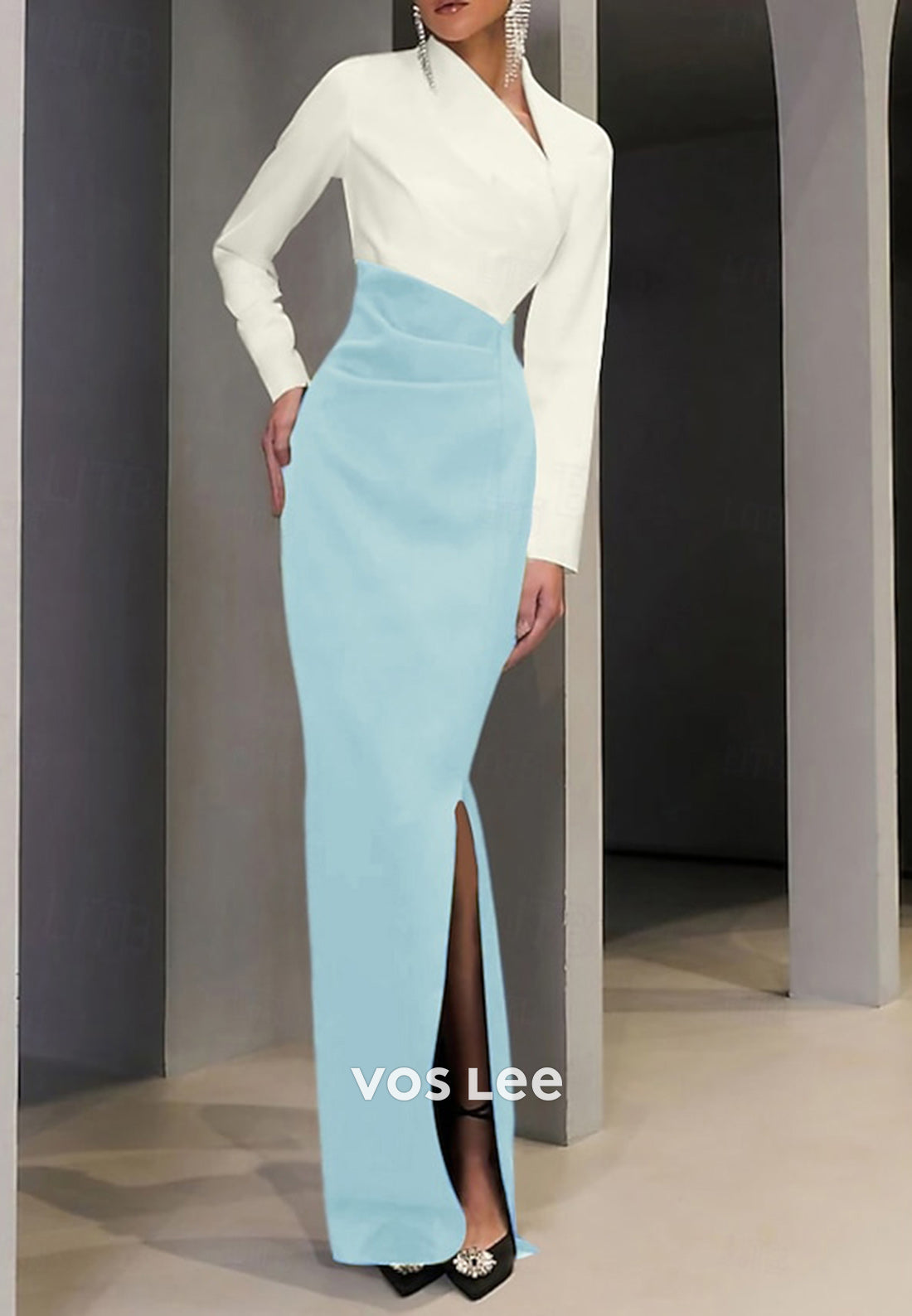 Asymmetrical Neck Long Sleeve Ruched Mermaid Evening Dresses with Side Split