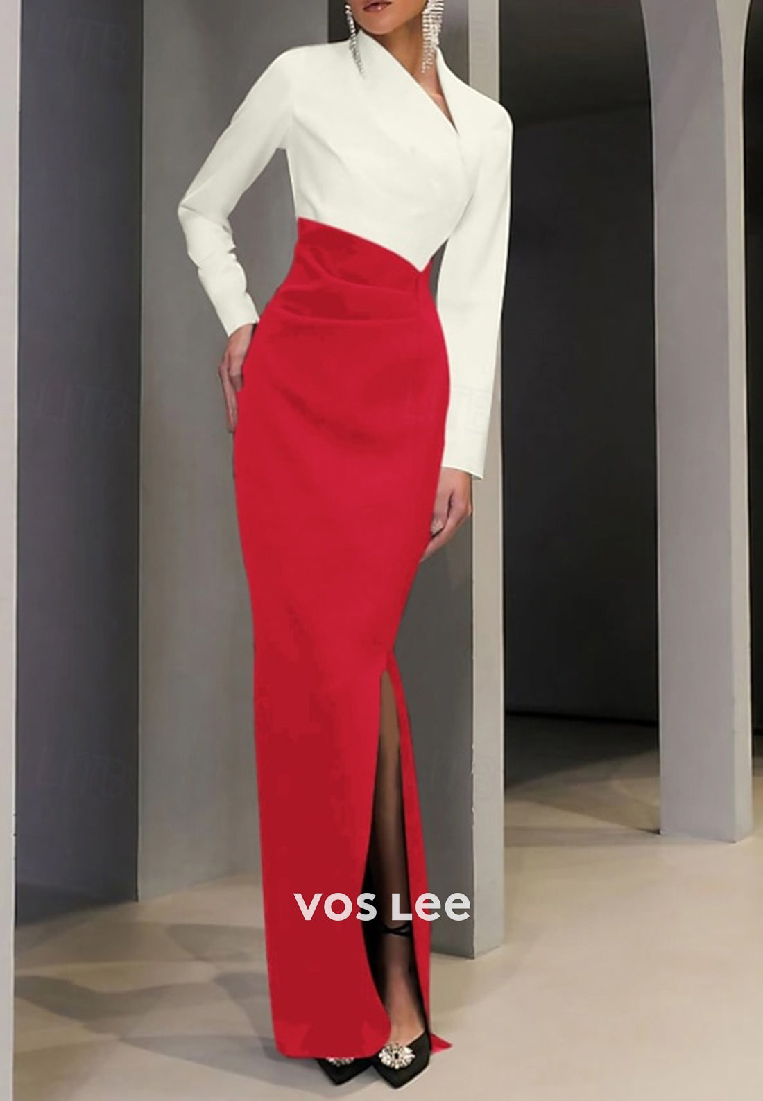 Asymmetrical Neck Long Sleeve Ruched Mermaid Evening Dresses with Side Split