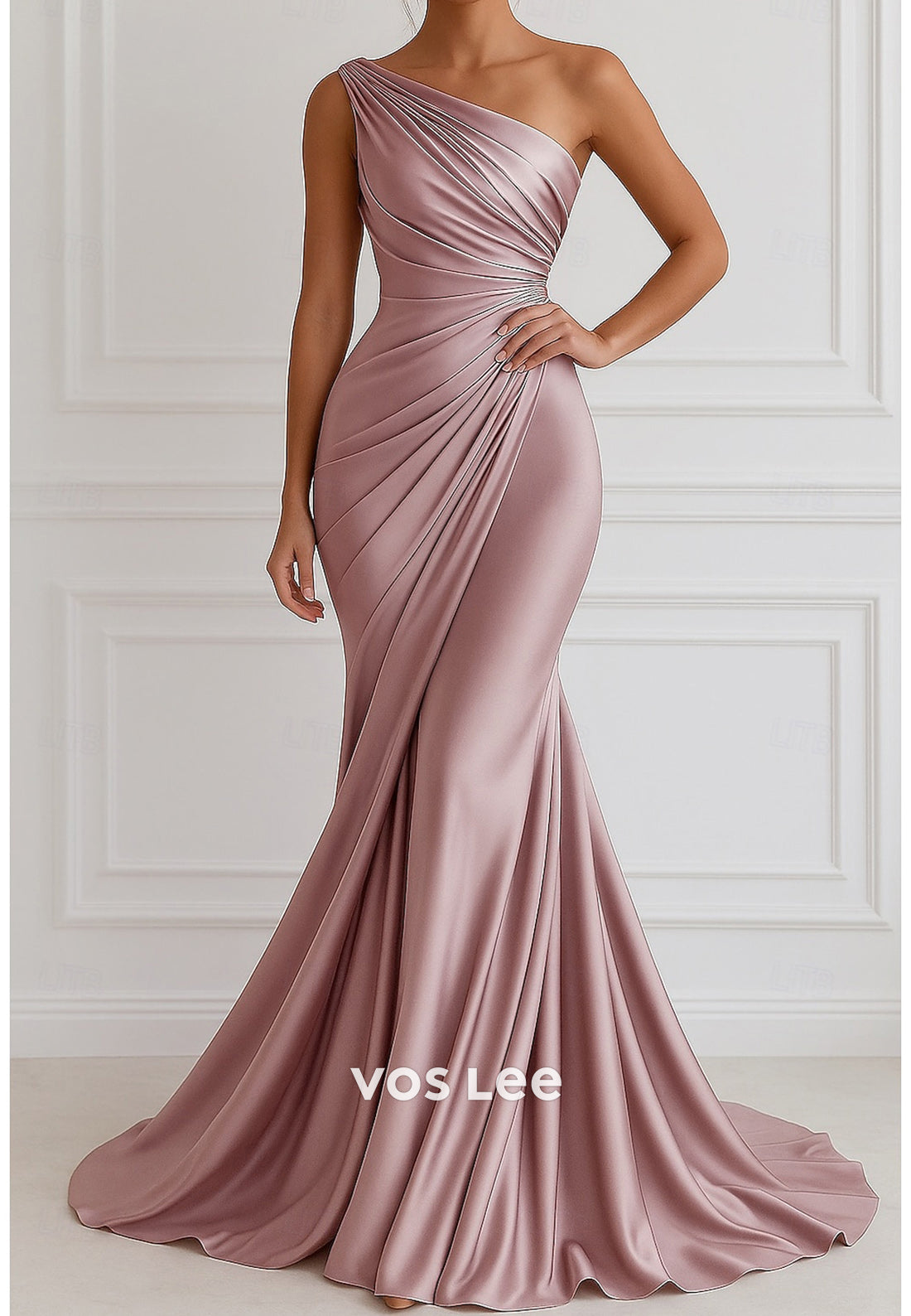 Sleeveless One Shoulder Pleated Mermaid Evening Dresses with Sweep Train