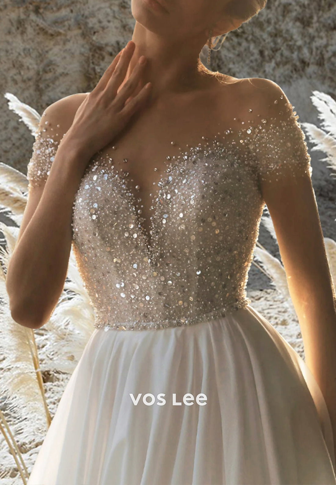 A-Line Sweetheart Sequins Beading Embellished Wedding Dresses with Court Train