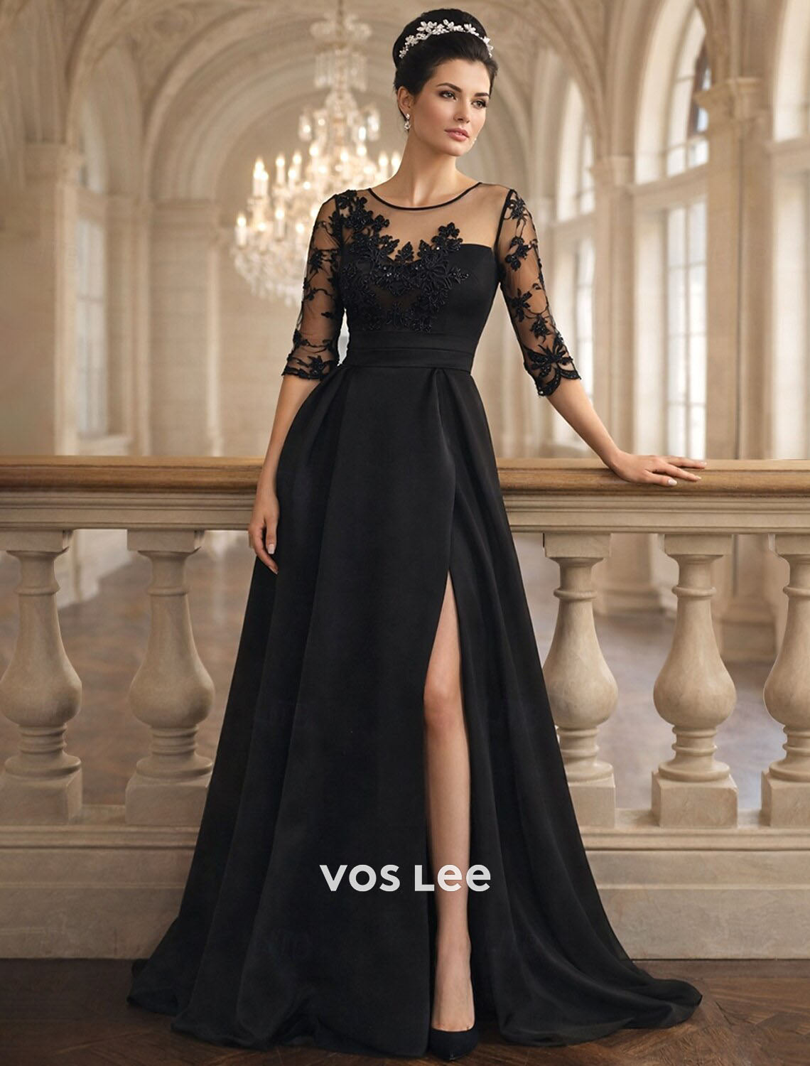 Elegant Black Formal Gown | Sheer Lace Bodice Satin Skirt with High Slit Wedding Guest & Gala