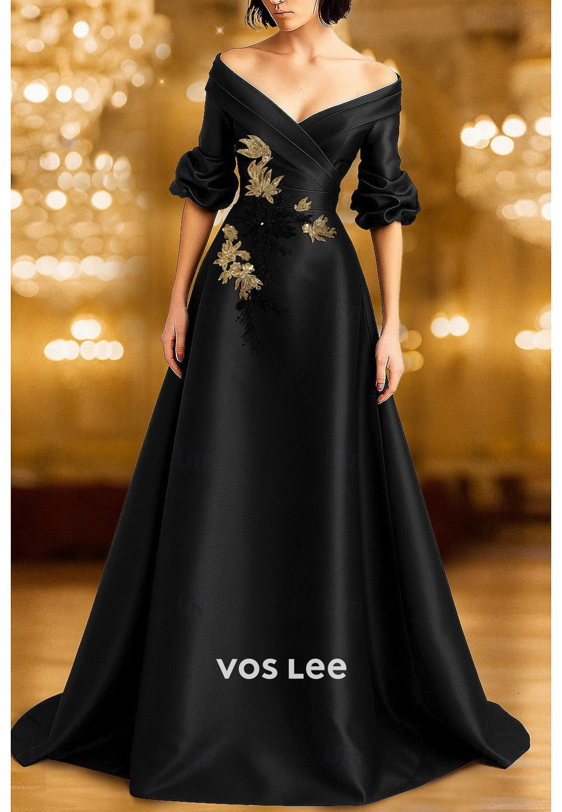 A-Line Off the Shoulder Half Sleeve Pleated Evening Dresses with Court Train