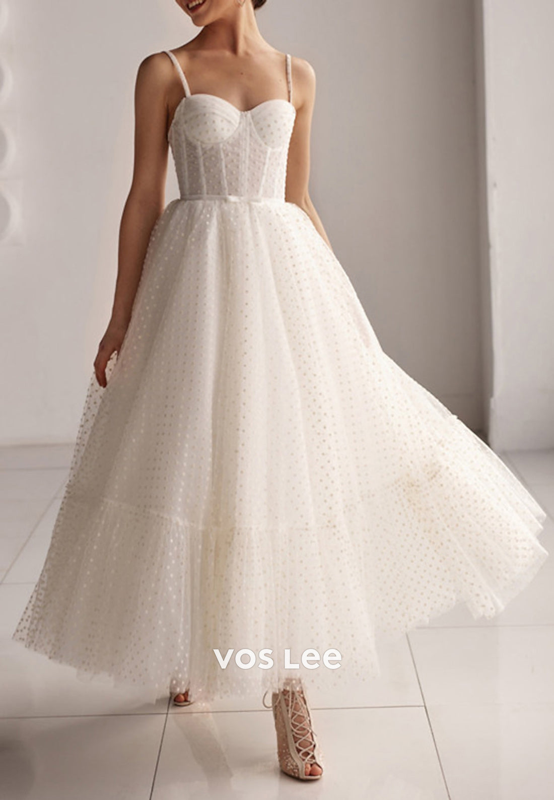 A-Line Spaghetti Straps Sweetheart Tulle Ankle-Length Pleated Wedding Dresses