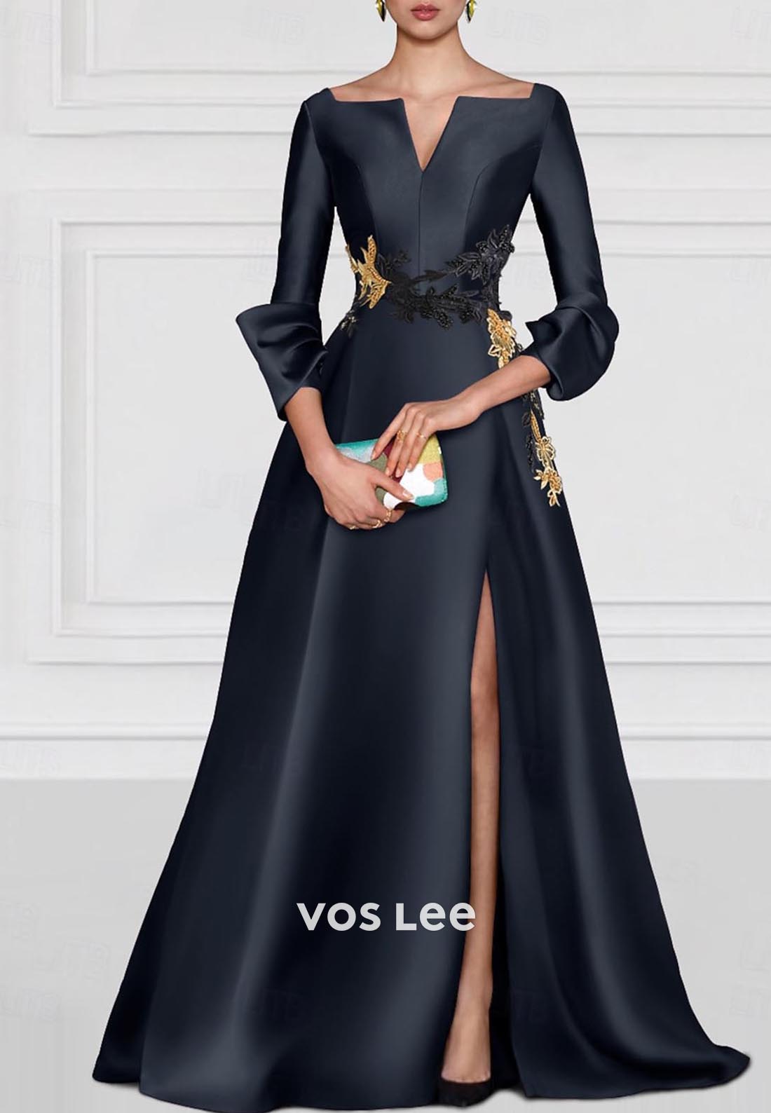 A-Line V Neck Long Sleeves Mother of Bride Evening Dress with High Split