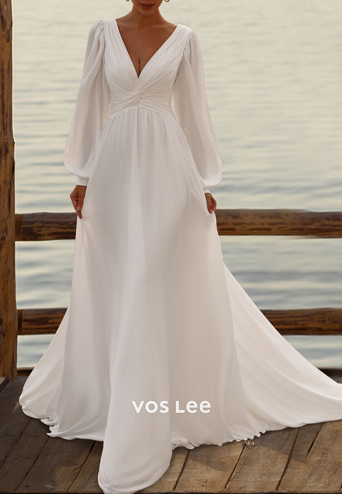 Sexy and Sleek A-Line Long Sleeve V Neck Pleated Wedding Dresses with Sweep Train