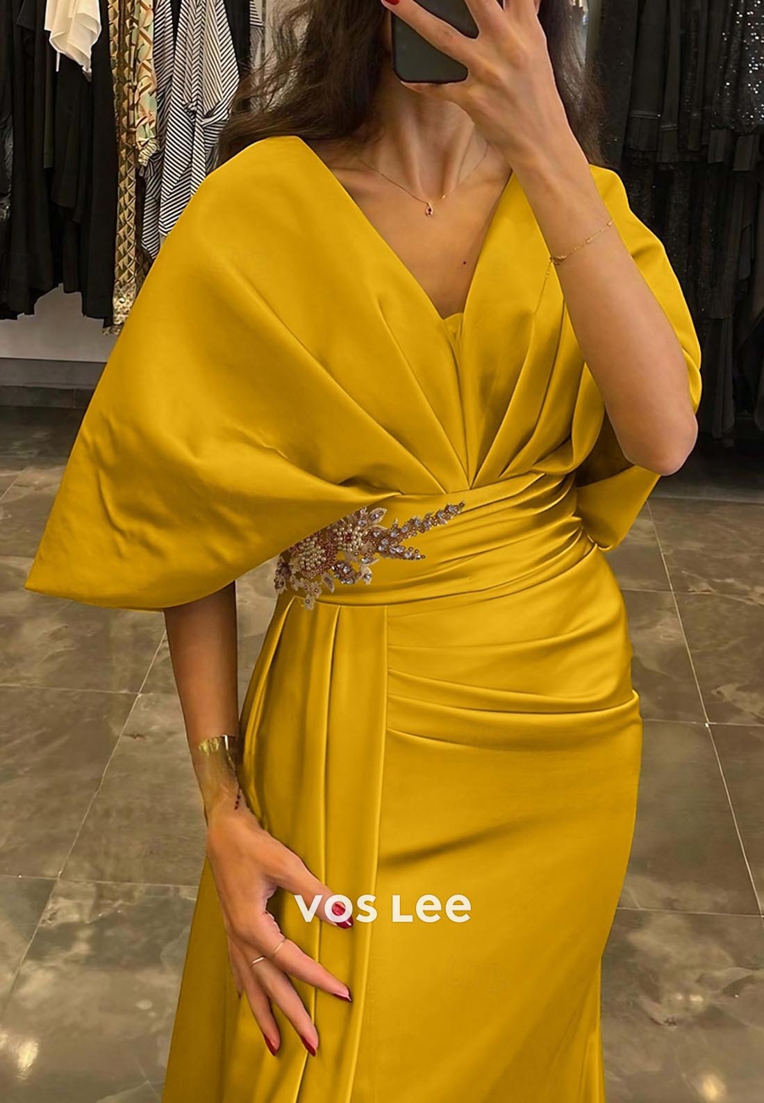 Glamorous & Dramatic Half Sleeves Mother of Groom Evening Dress with Split