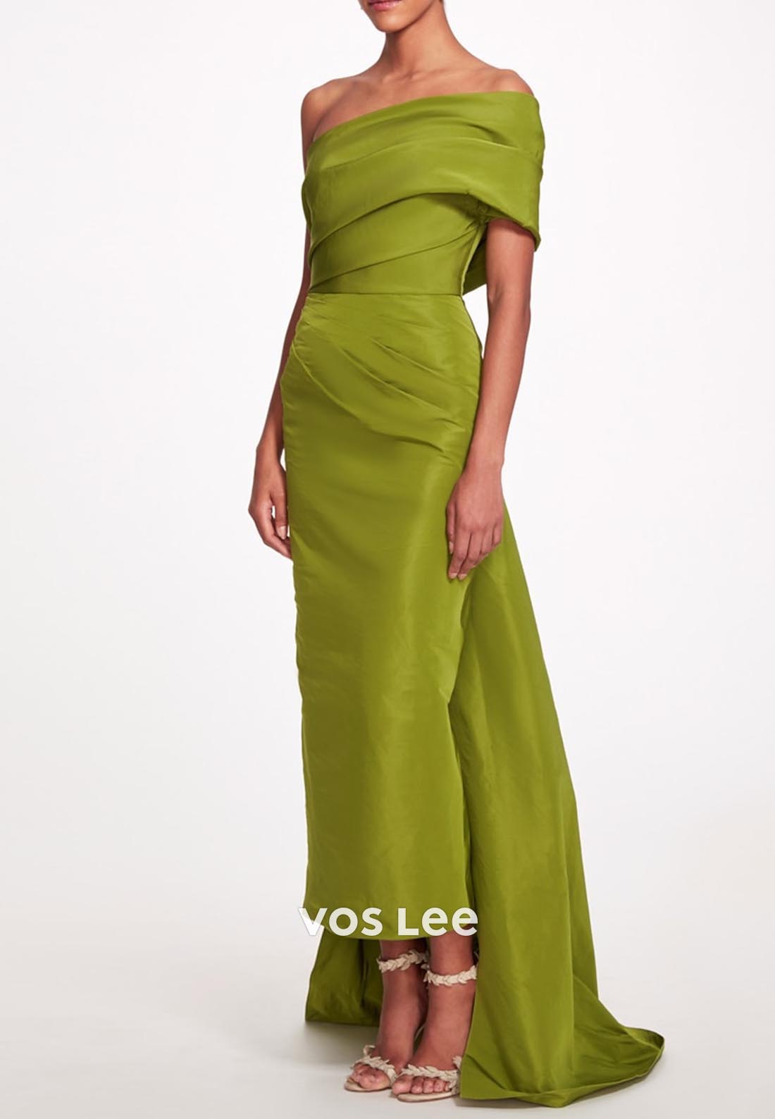 A-Line One Shoulder Pleated Long Evening Dress Formal Dress with Sweep Train
