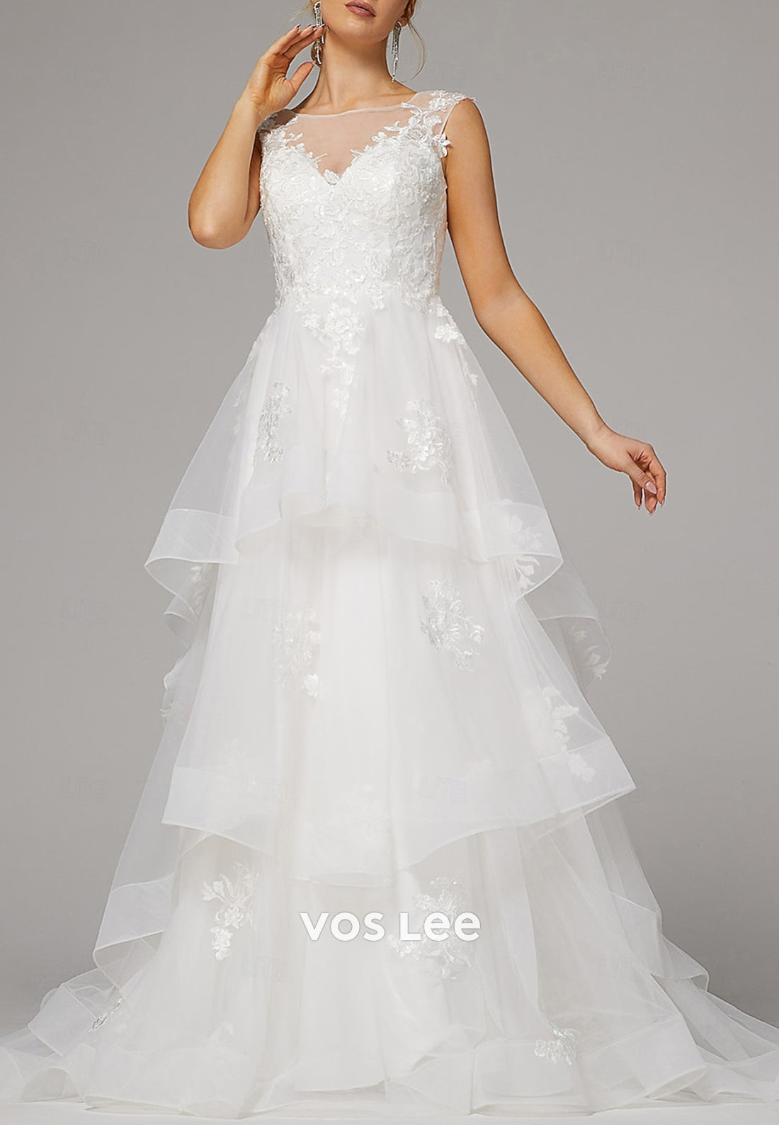 A-Line Illusion Neck Appliques Lace Beach Pleated Wedding Dresses with Sweep Train