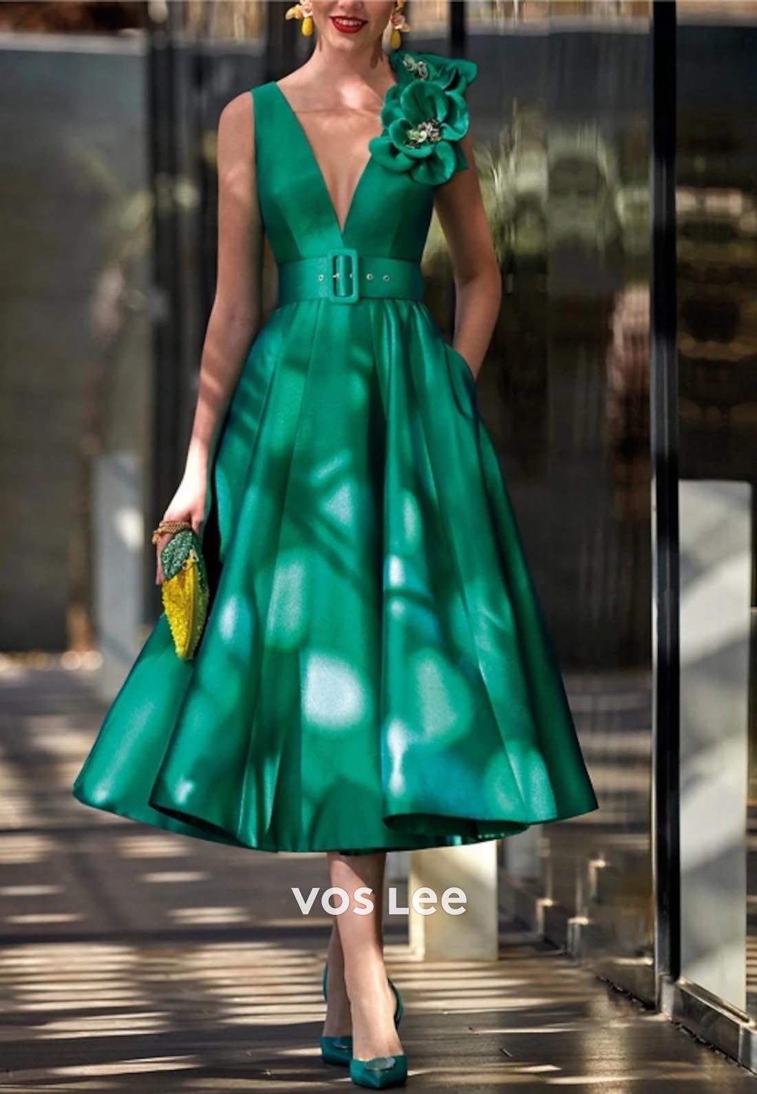 A-Line V Neck Pleats Floral Embossed Evening Dress Midi Dresses