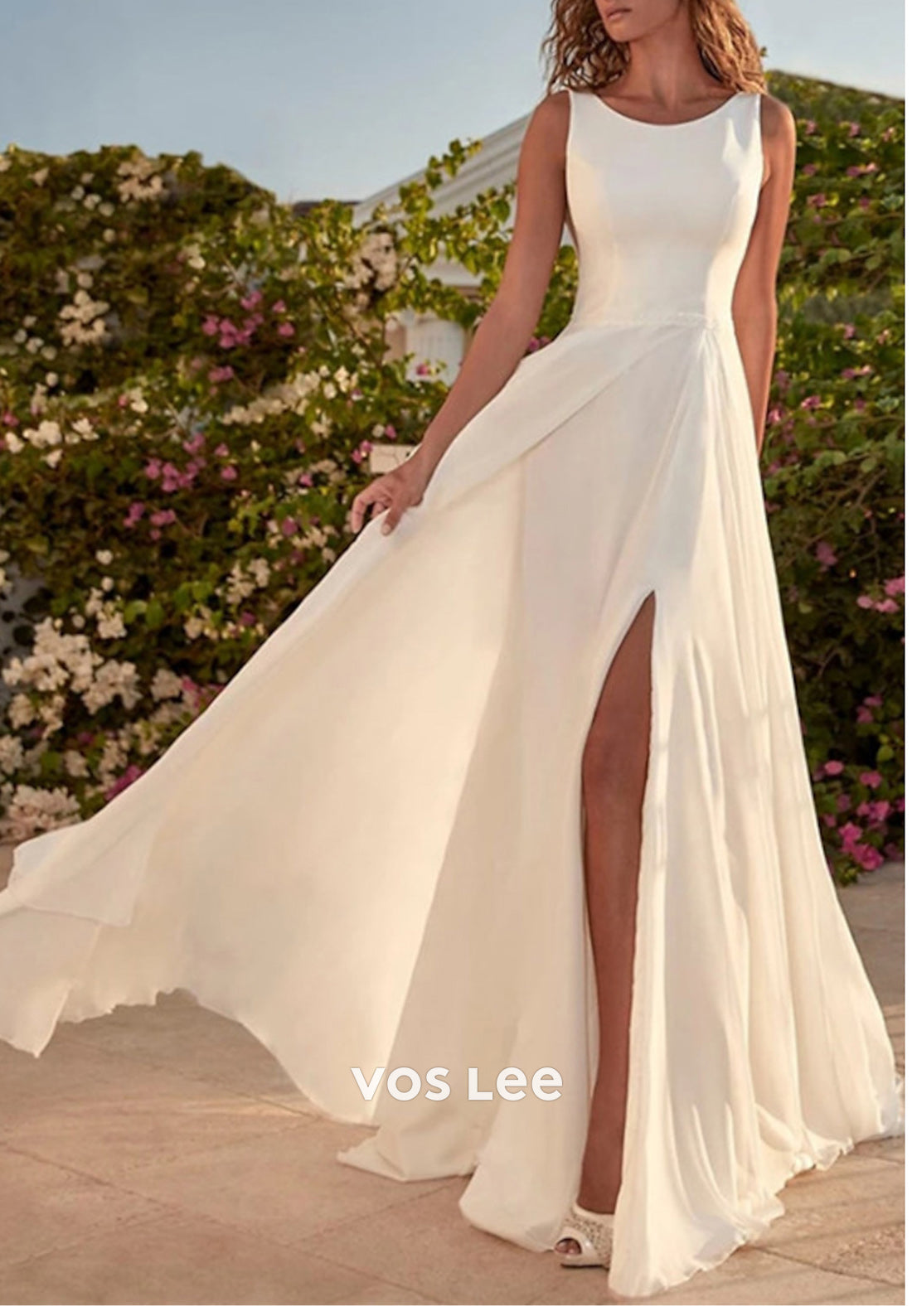 Gorgeous & Charming A-Line Scoop Pleated Wedding Dresses with High Split