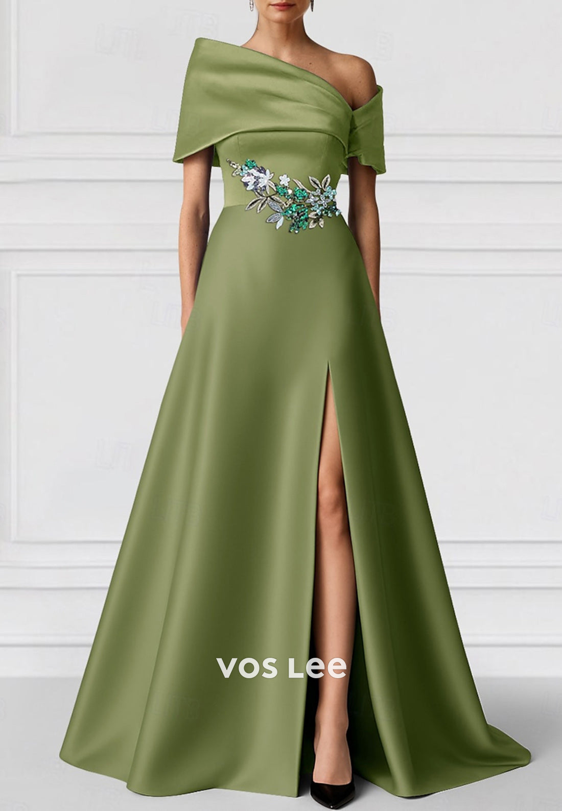 One Shoulder Appliqued Floor-Length Evening Dresses with High Split
