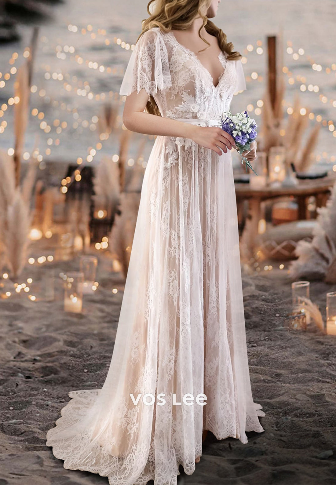 A-Line Flutter Sleeves V Neck Appliques Lace Wedding Dresses with Sweep Train