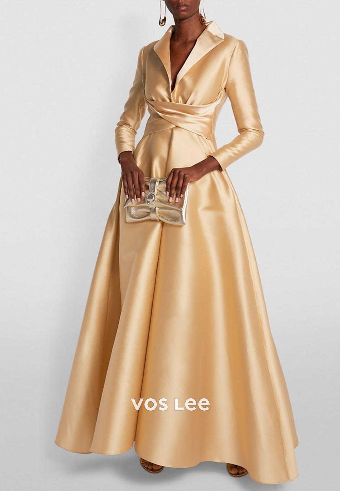 A-Line V Neck Ruched Floor-Length Long Sleeves Sleek Evening Dress