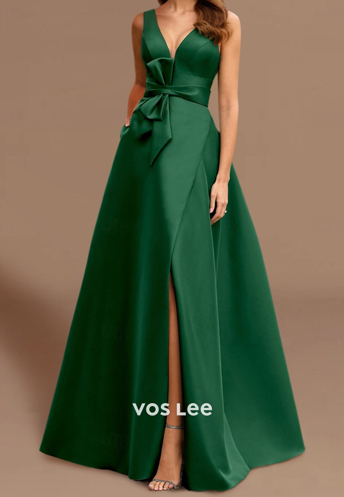 A-Line V Neck Bowknot Embellished Floor-Length Evening Dresses with Pockets