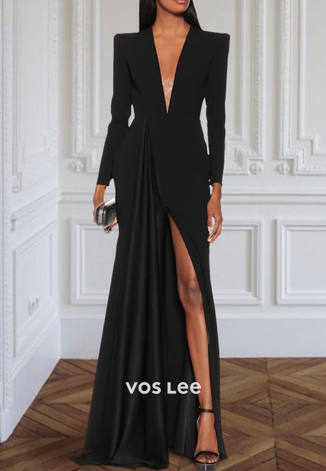Glamorous & Dramatic A-Line Low V-Neck Pleated Evening Dress with High Slit