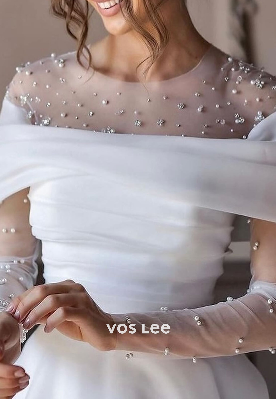 A-Line Long Sleeve Off the Shoulder Rhinestone Wedding Dresses with Court Train