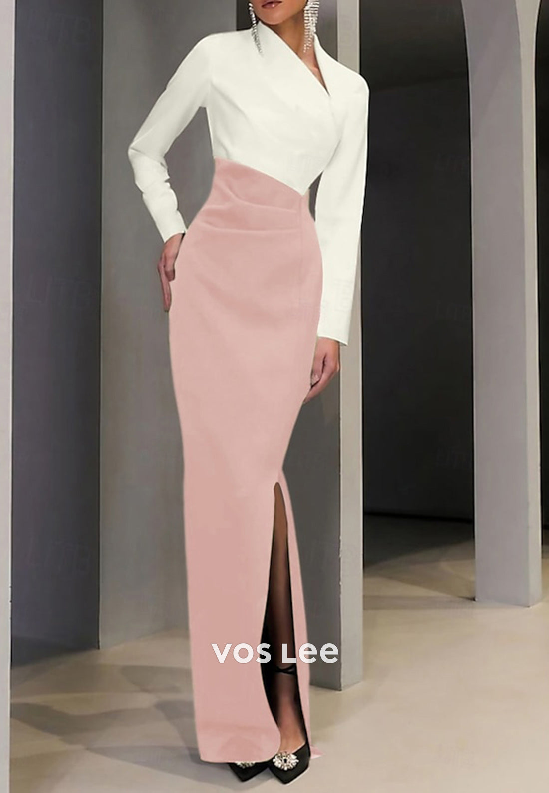 Asymmetrical Neck Long Sleeve Ruched Mermaid Evening Dresses with Side Split