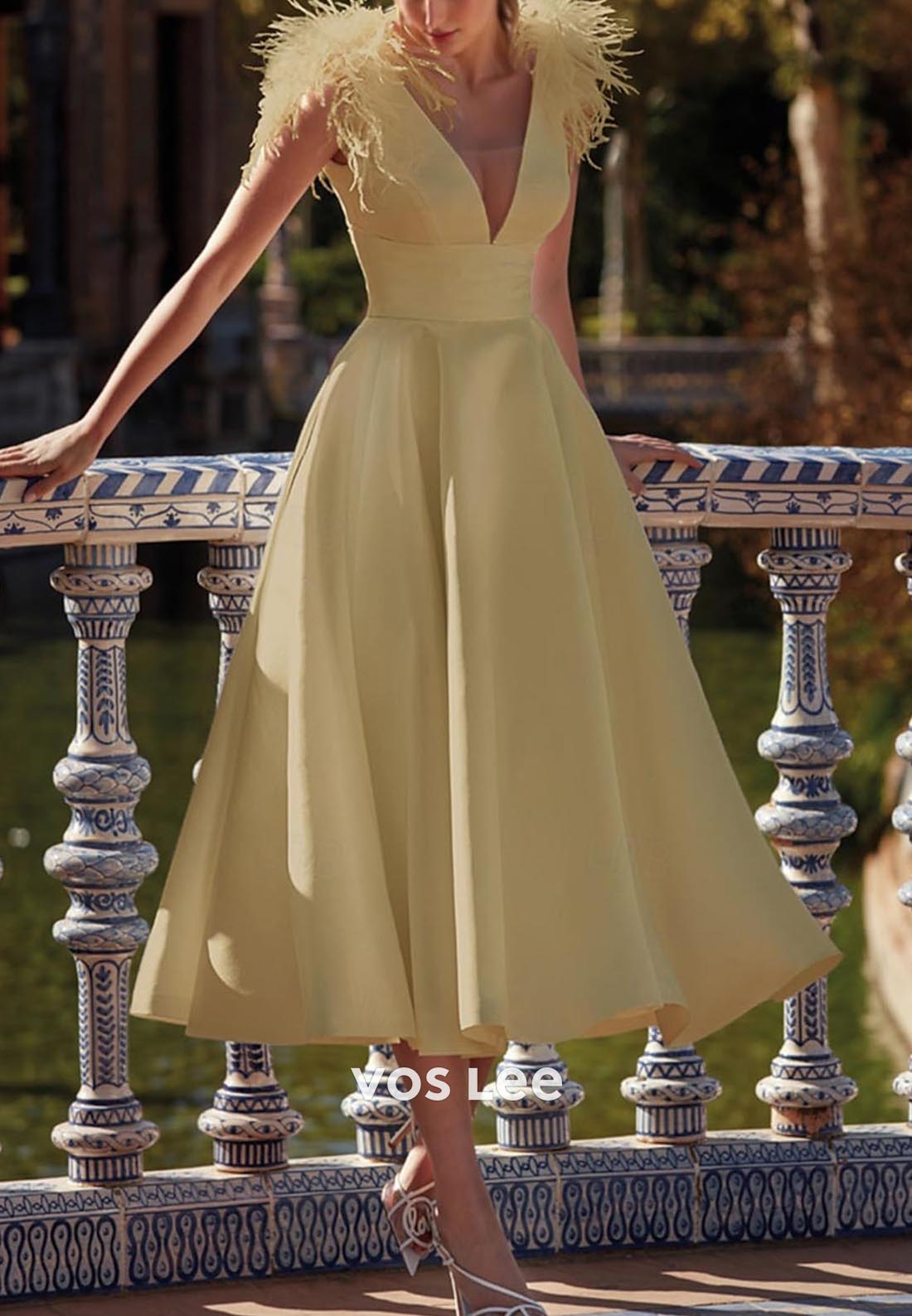 A-Line Low V-Neck Pleated feather Sexy Evening Dress Midi Dresses