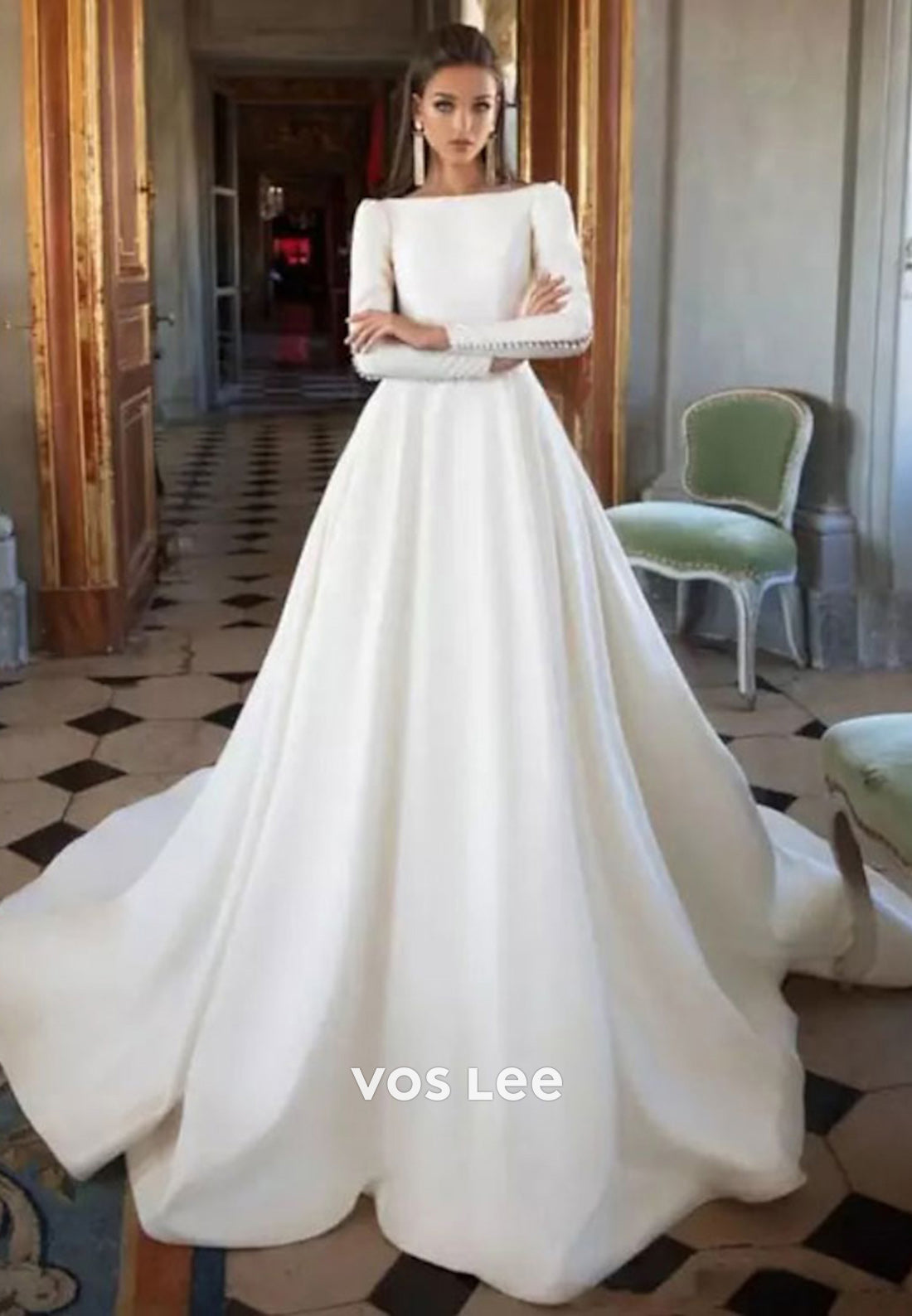 Simple A-Line Long Sleeve Bateau Neck Pleated Wedding Dresses with Chapel Train