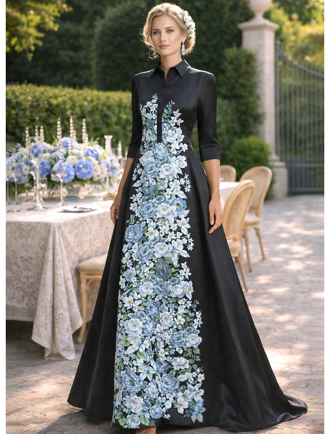 Floral Embroidered Dress - Modern Chinese A-Line Gown with Half Sleeves